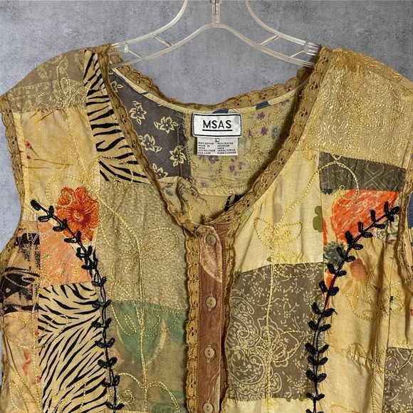 MSAS Y2K Patchwork Embroidered Top Womens L  Ruffle Hem Boho Hippie Festival 90s - Picture 3 of 9